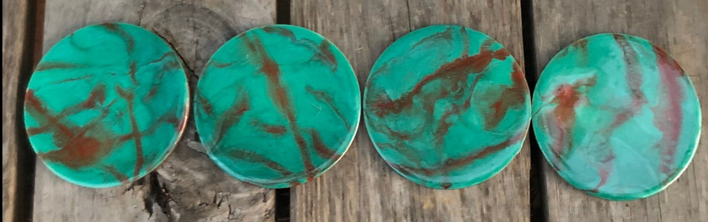 ***SOLD*** Peacock Teal and Gold Marble Style Coasters